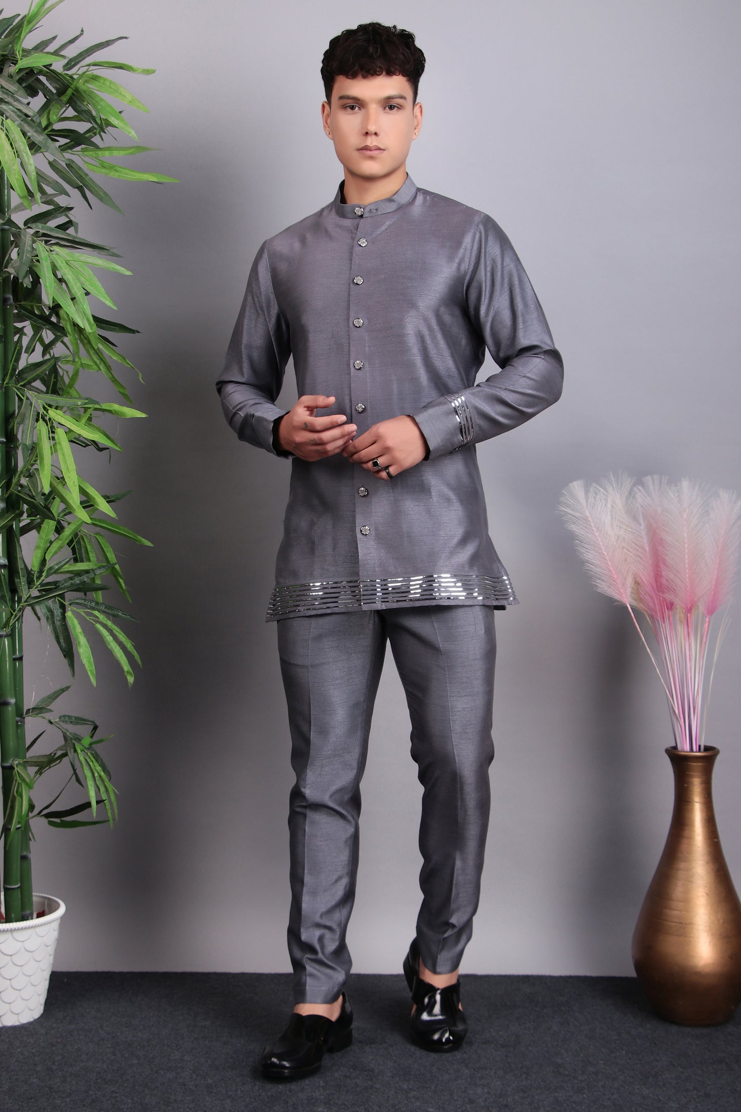 Detail view 2 - Men’s Nehru Jacket – Silk Embroidered Fabric in Grey with Multi Color Thread Embroidery