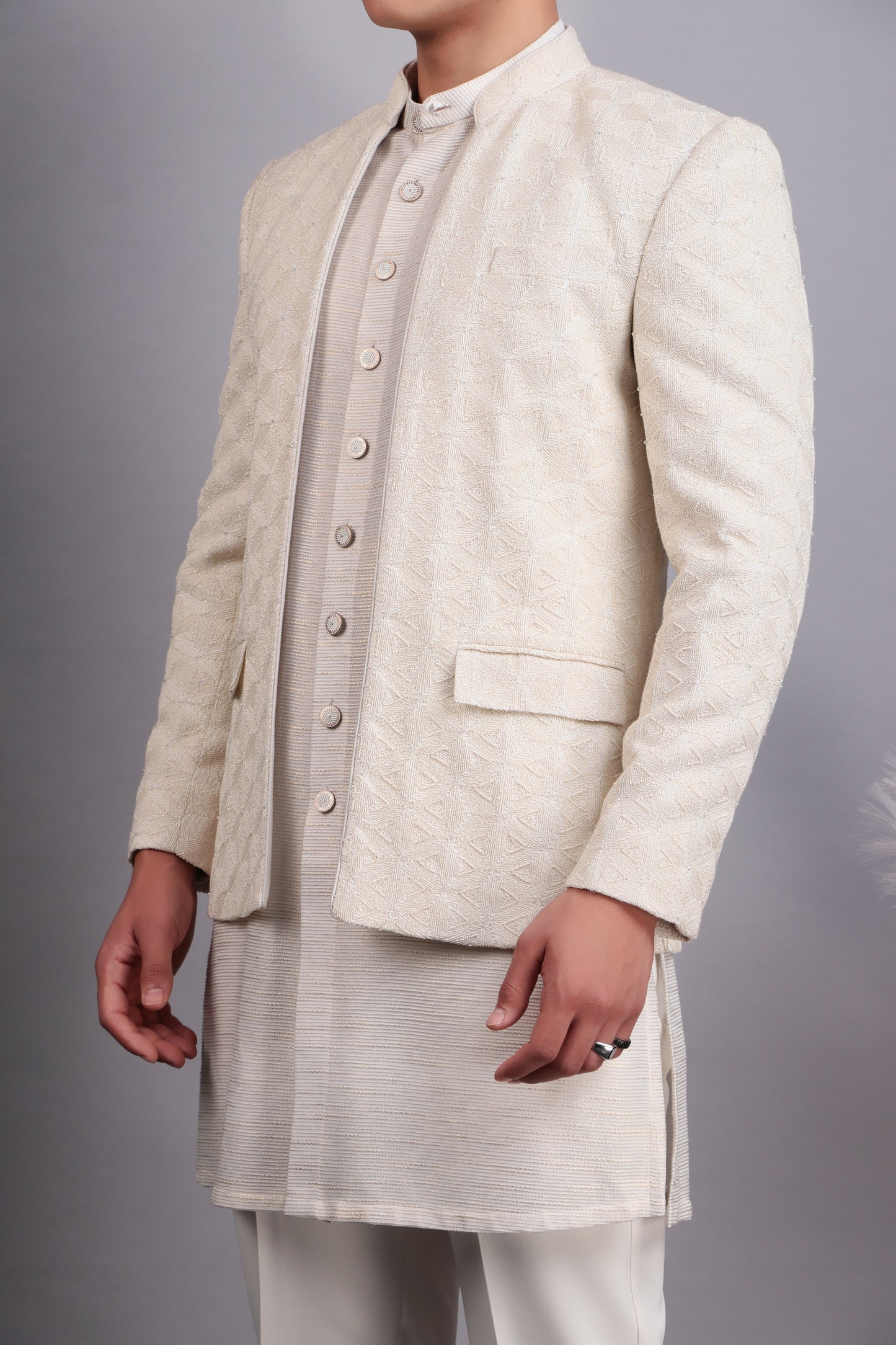 Side view - Men’s Indo-Western – Georgette Kurta in Ivory with Hand Embroidery