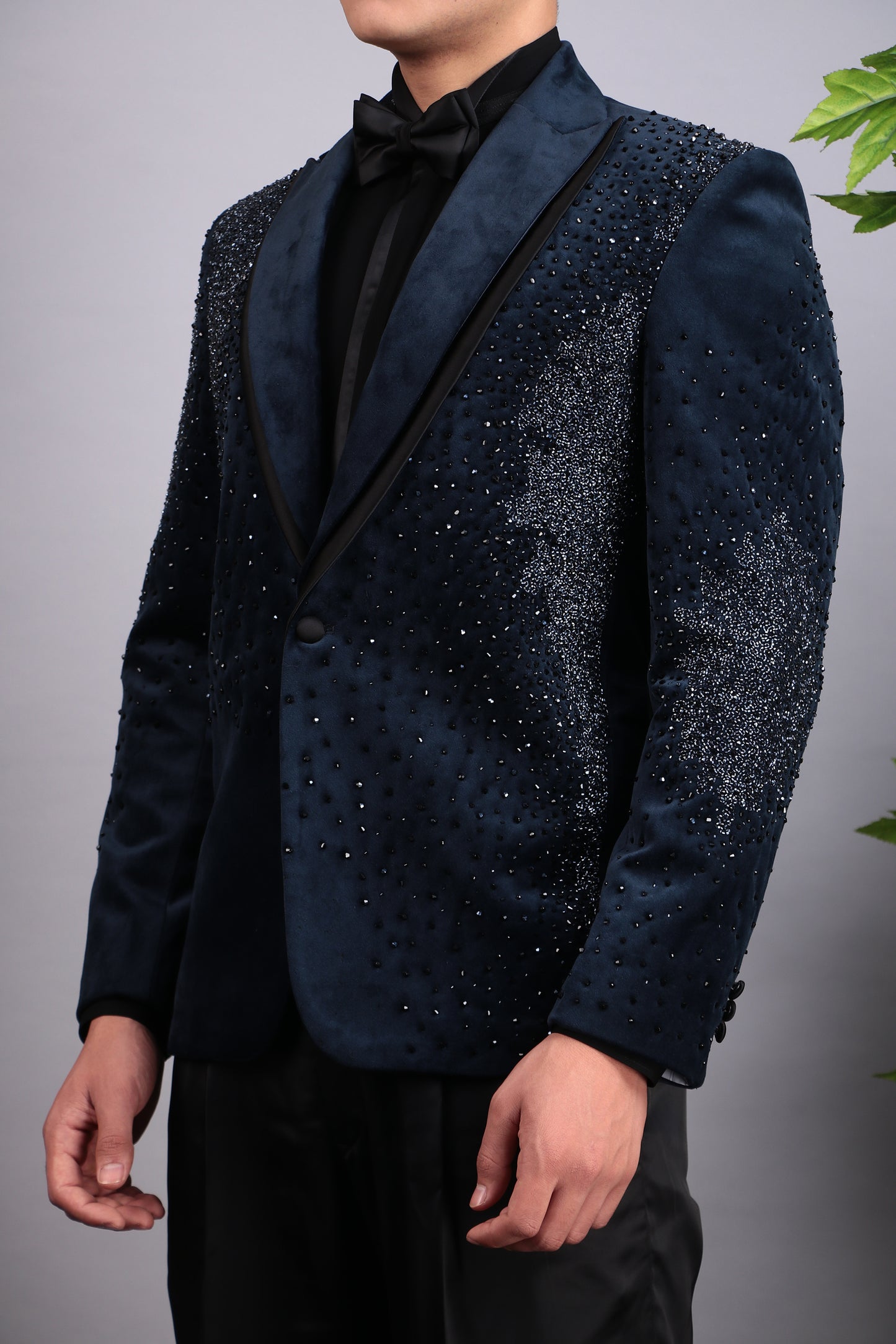 Detail view 1 - Men’s Indo-Western – Suede Top in Blue with Glass Abstract Placement Embroidery