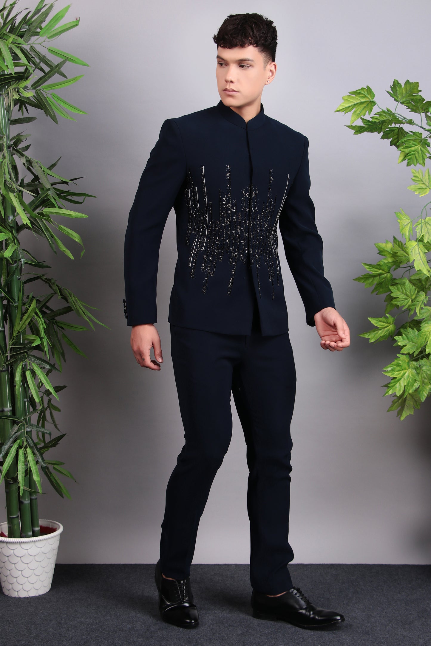 Side view - Men’s Bandhgala – Japanese Lycra in Navy Blue with Hand Embroidery