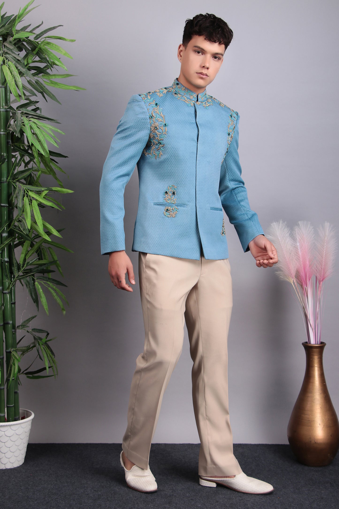 Detail view 2 - Men’s Bandhgala – Poly Jaquard in Blue with Hand Embroidery