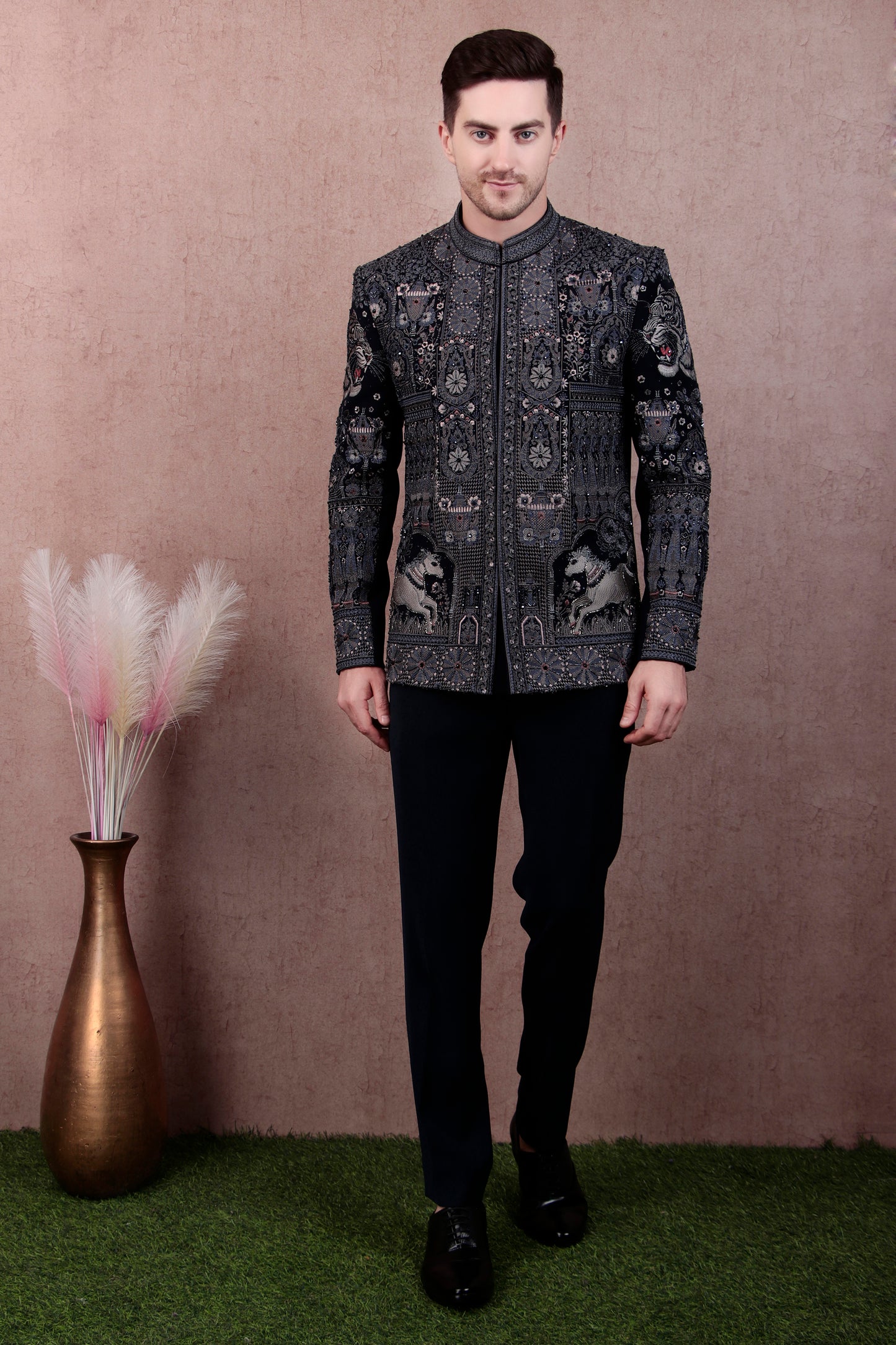 Front view - Men’s Bandhgala – Japanese Lycra in Navy Blue with Theme Embroidery Nature