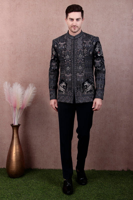 Front view - Men’s Bandhgala – Japanese Lycra in Navy Blue with Theme Embroidery Nature
