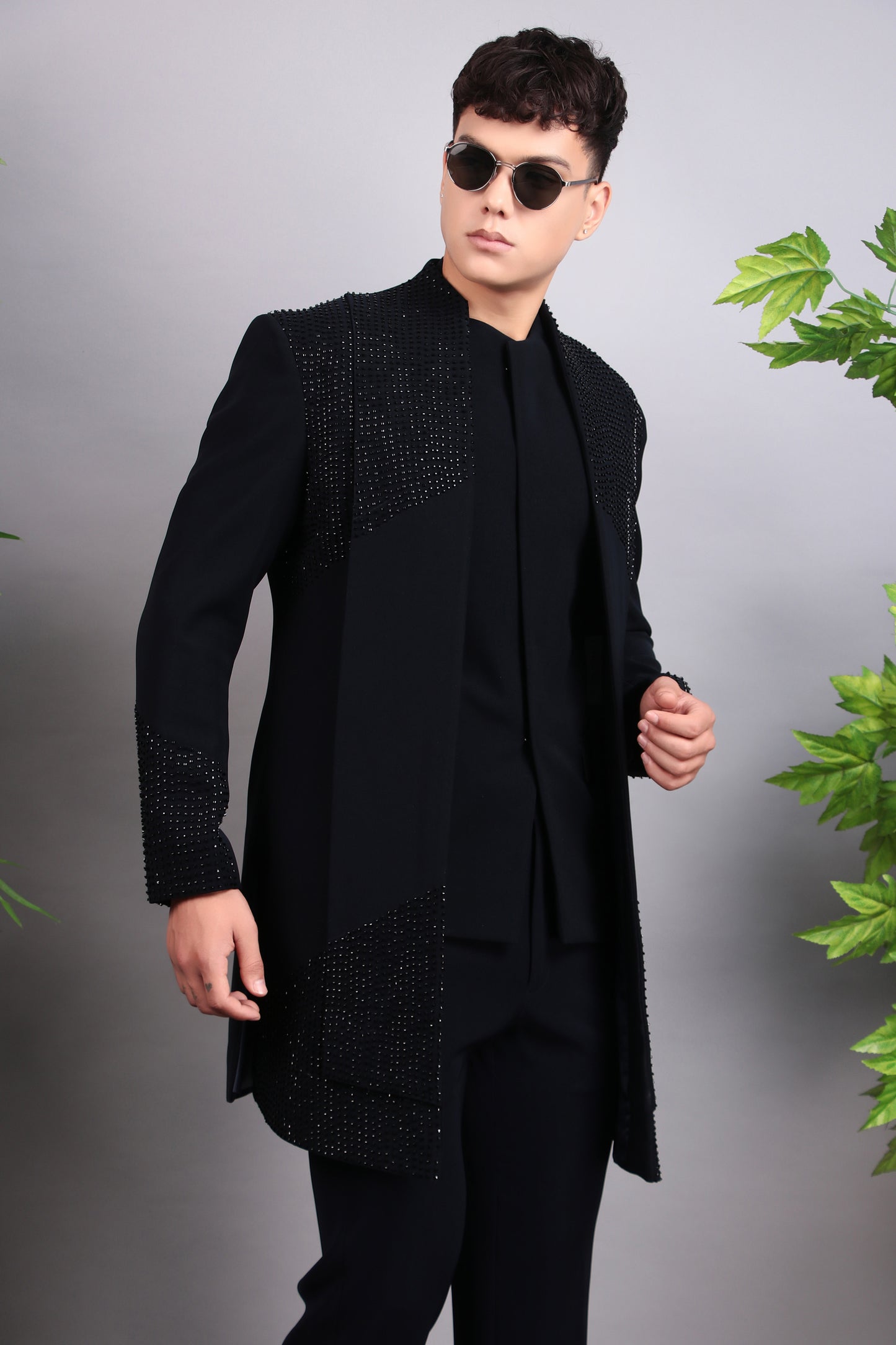 Detail view 3 - Men’s Indo-Western – Japanese Lycra in Midnight Blue with Beads and Stones Embroidery