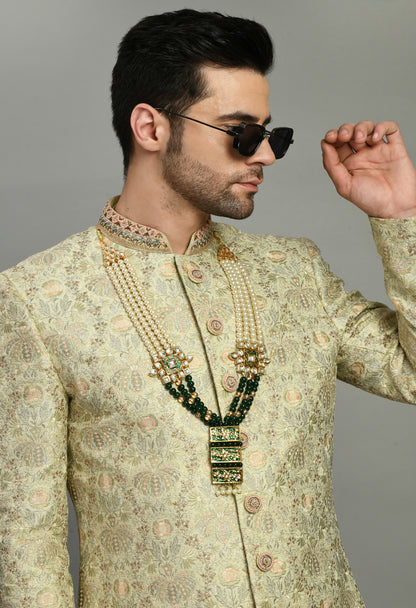 Men’s Sherwani – Silk in Green with Detailed Hand Embroidery Allover | One Man Show
