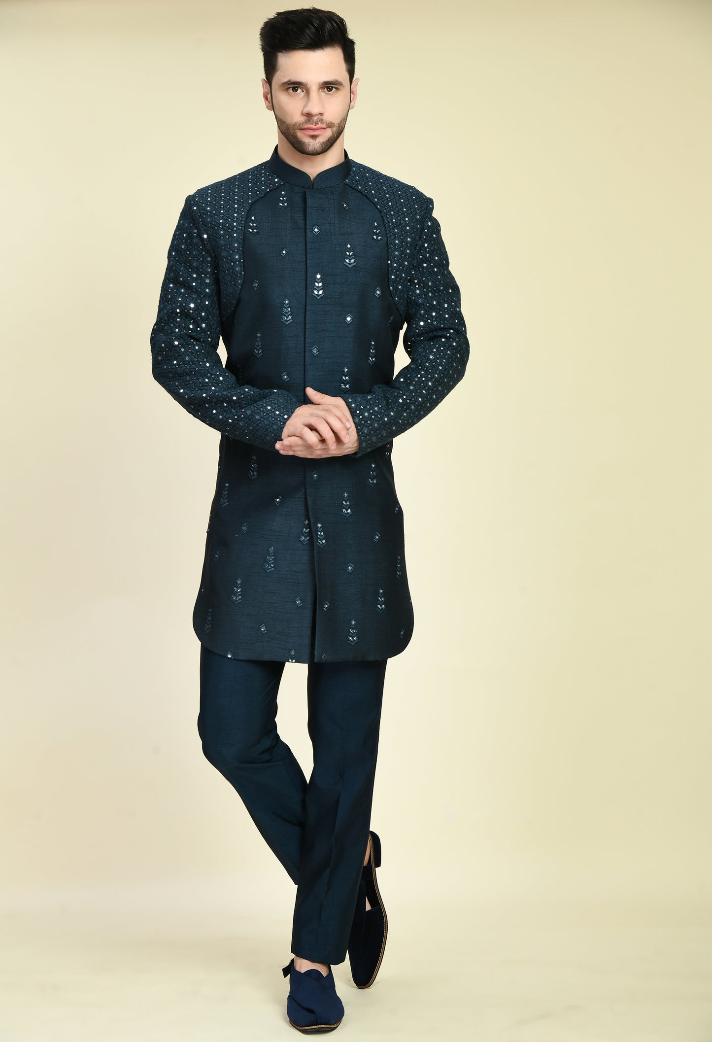 Detail view 4 - Men’s Nehru Jacket – Silk Georgette in Teal Blue with Silk Thread and Mirrorwork Embroidery