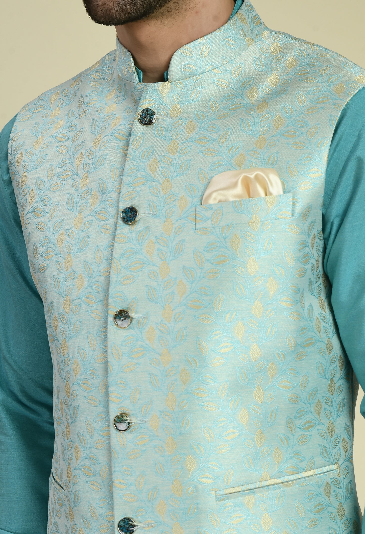 Detail view 1 - Men’s Nehru Jacket – Silk in Blue with Silk Jaquard Jacket