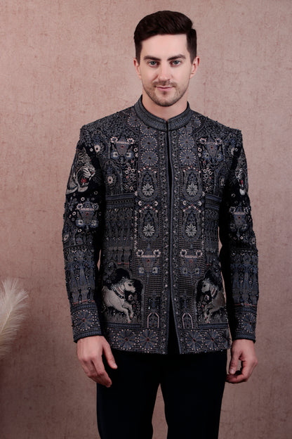 Men’s Bandhgala – Japanese Lycra in Navy Blue with Theme Embroidery Nature | One Man Show
