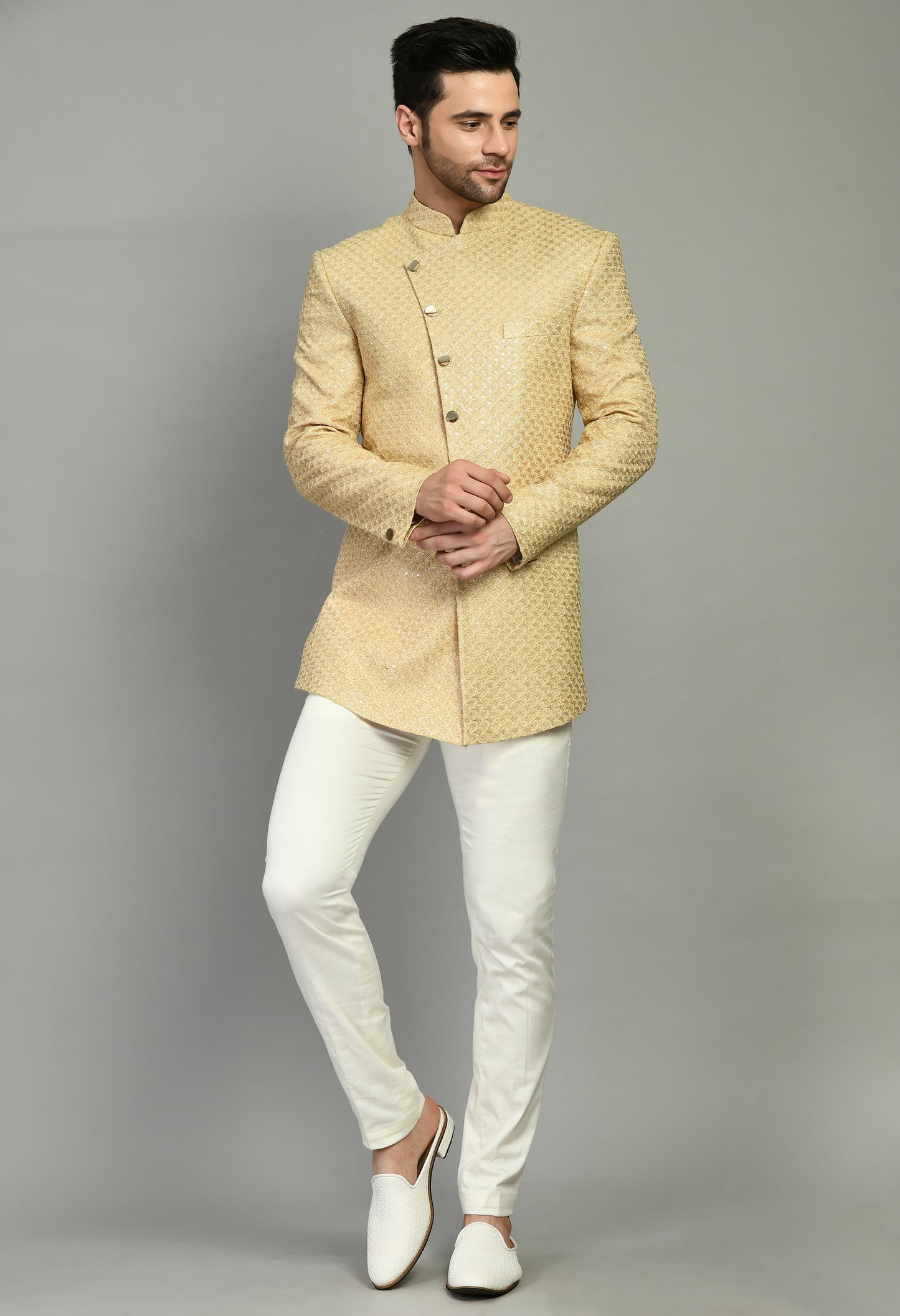 Front view - Men’s Indo-Western – Silk Georgette in Beige with Zari Embroidery