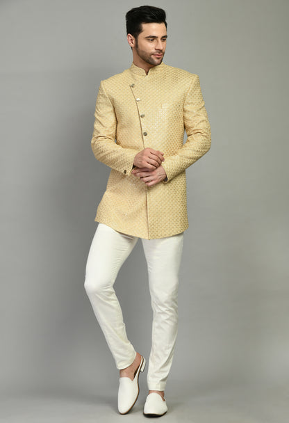 Men’s Indo-Western – Silk Georgette in Beige with Zari Embroidery | One Man Show