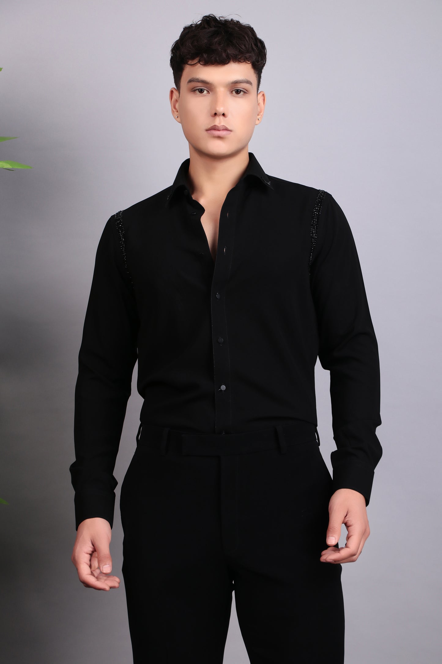Back view - Men’s Shirt – Korean Wrinkle Free in Black with Shoulder Embroidery