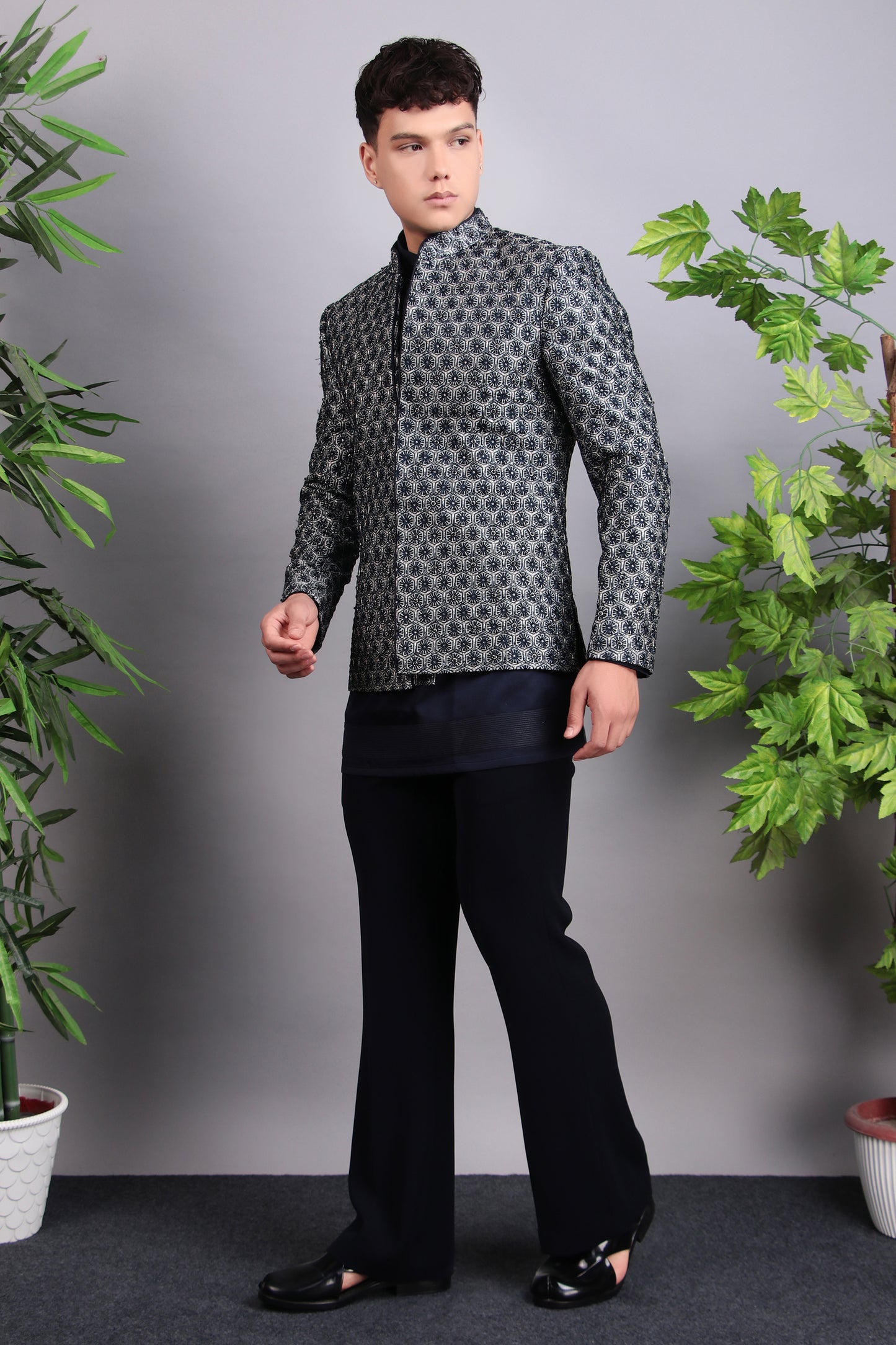 Front view - Men’s Indo-Western – Silk Embroidered Fabric in Blue with Floral Hand Embroidery