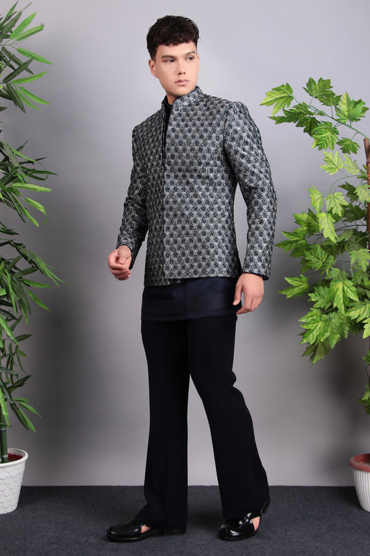 Men’s Indo-Western – Silk Embroidered Fabric in Blue with Floral Hand Embroidery | One Man Show