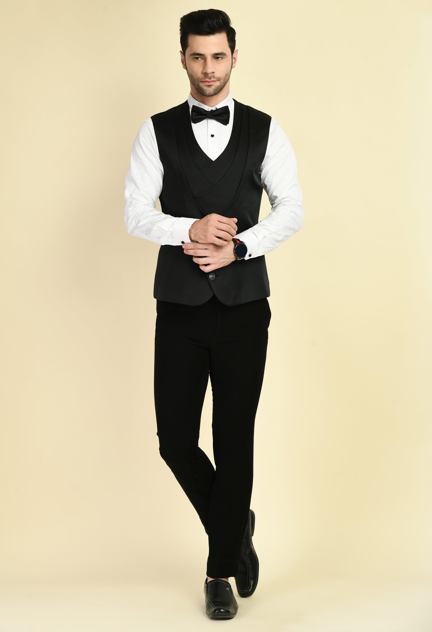 Back view - Men’s Tuxedo – Japanese Lycra in Black with Floral Jaquard Tuxedo Top