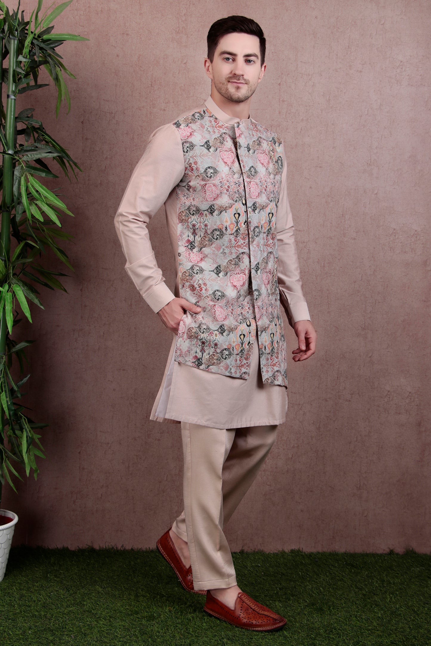 Front view - Men’s Layered Kurta Set – Cotton Silk in Salmon Pink with Jacquard Printed Jacket Look