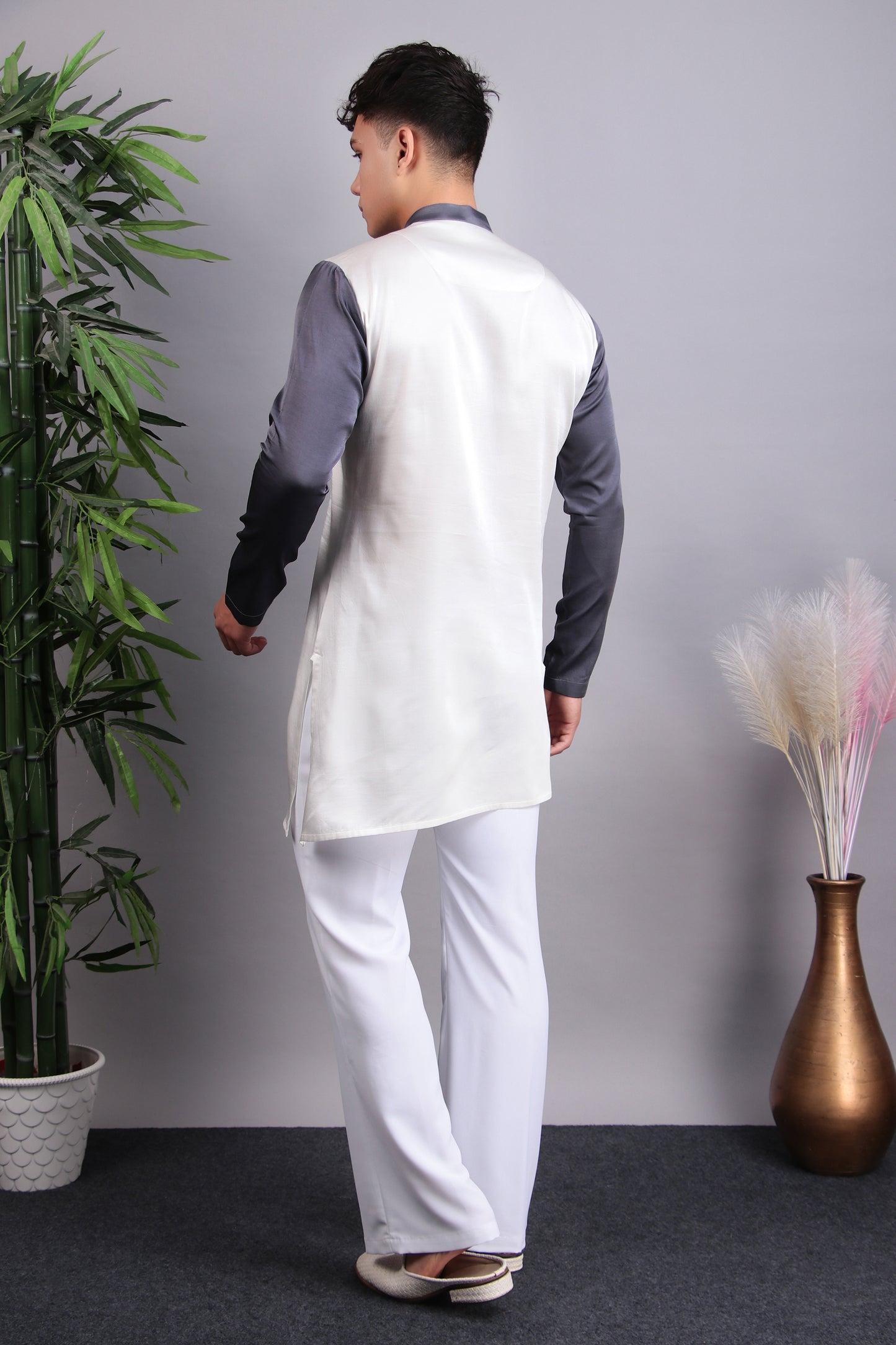 Detail view 3 - Men’s Kurta Set – Modal Satin in Purple with Silk Thread Embroidery