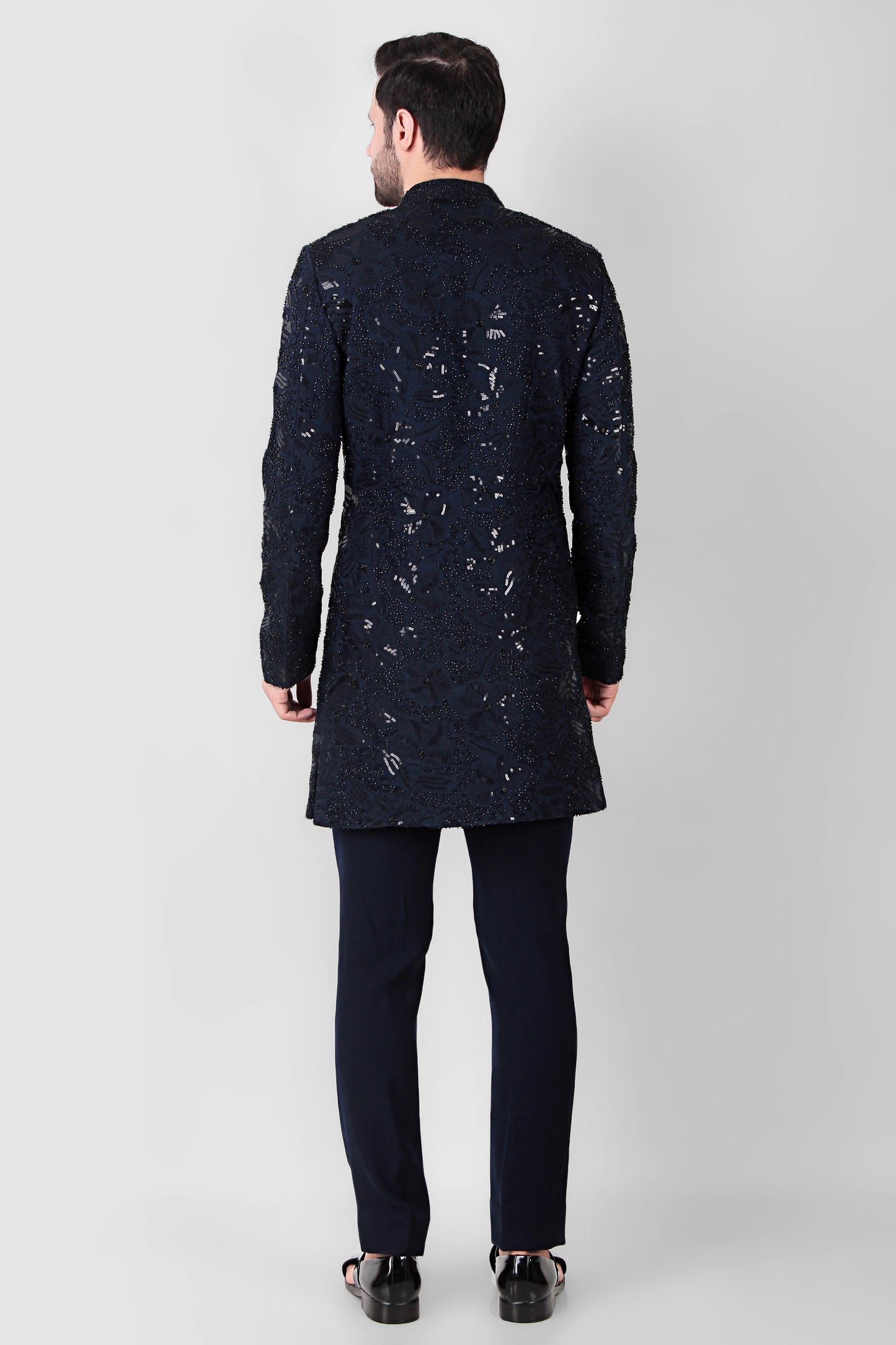 Front view - Men’s Indo-Western – Silk Georgette in Navy Blue with Beads and Sequins Embroidery