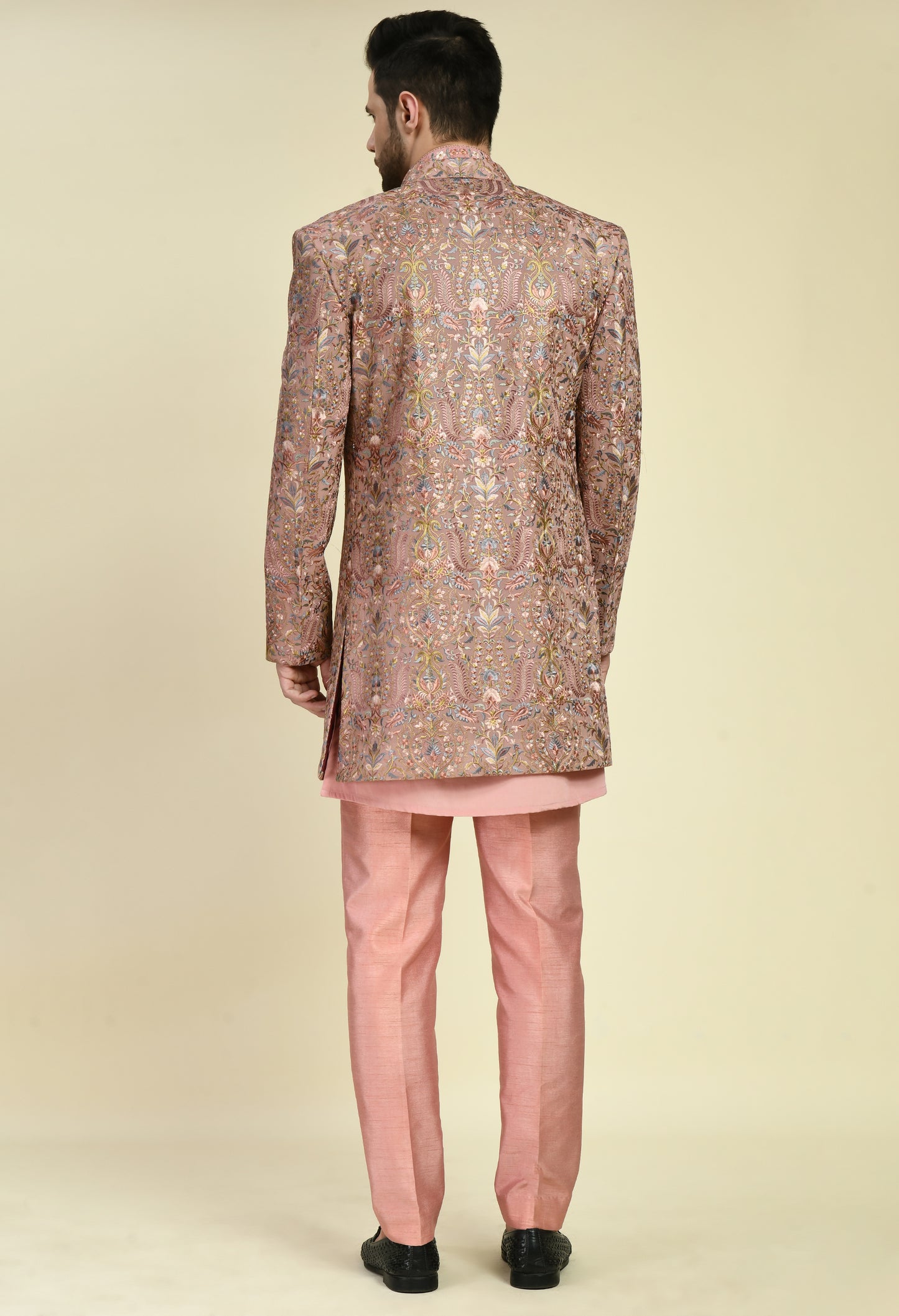 Detail view 2 - Men’s Indo-Western – Silk Georgette in Pink with Floral Multi Thread Embroidery
