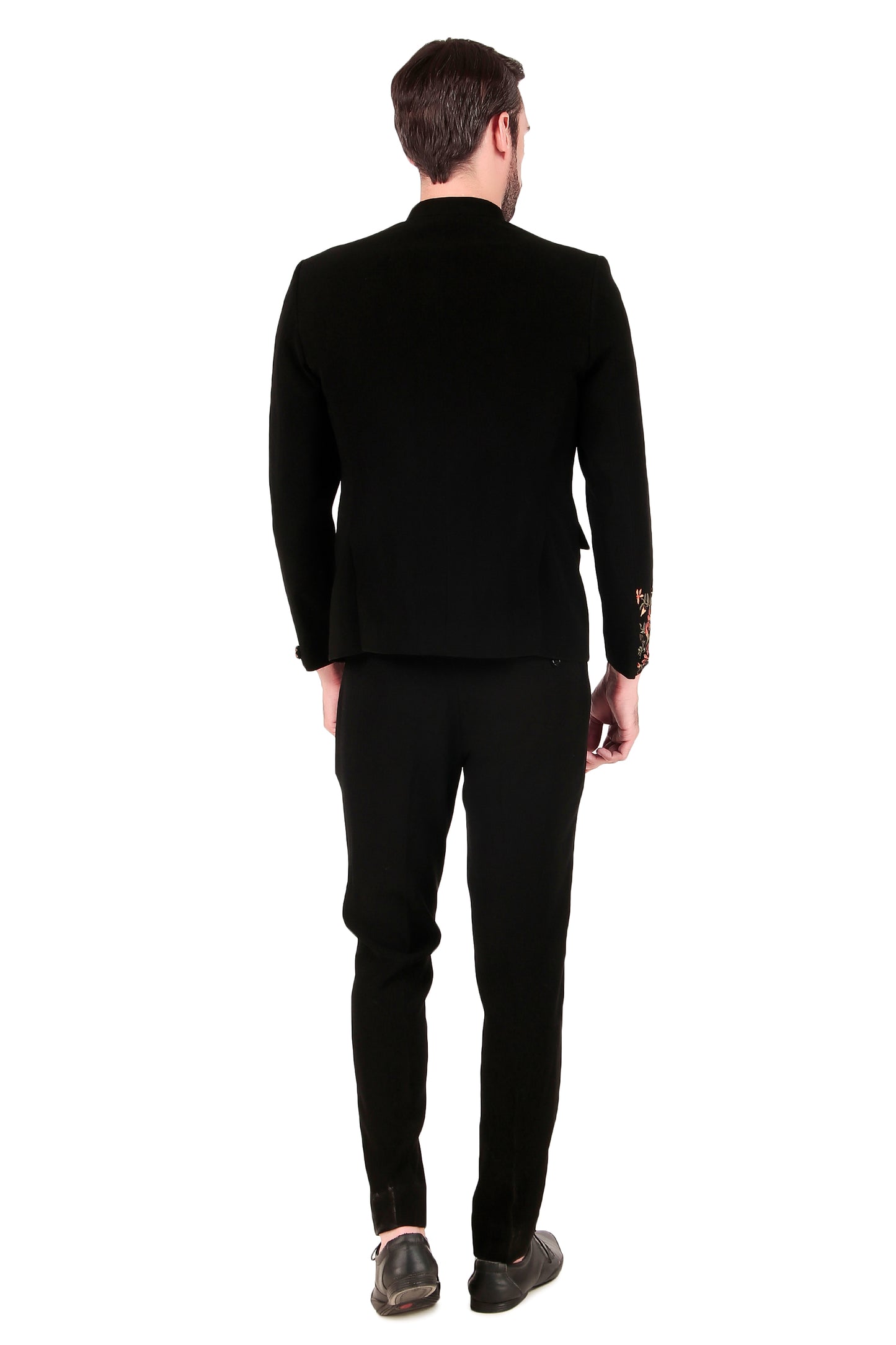 Front view - Men’s Bandhgala – Japanese Lycra in Black with Angrakha Bandhgala & Silk Thread Embroidery