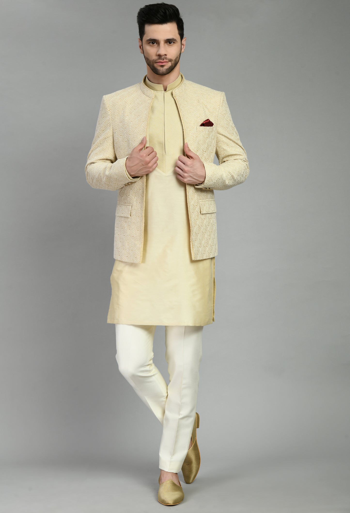 Front view - Men’s Indo-Western – Silk Kurta in Cream with Silk Thread Embroidery