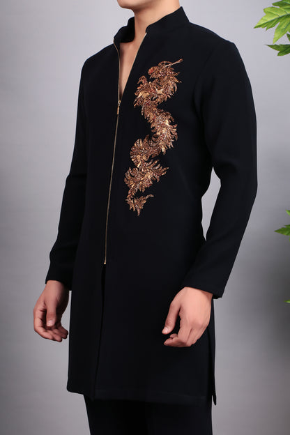 Men’s Nehru Jacket – Japanese Lycra in Blue with Designer Zip Front | One Man Show