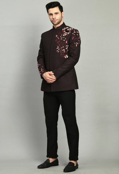 Men’s Bandhgala – Jaquard Suiting in Wine with Shoulder Embroidery | One Man Show