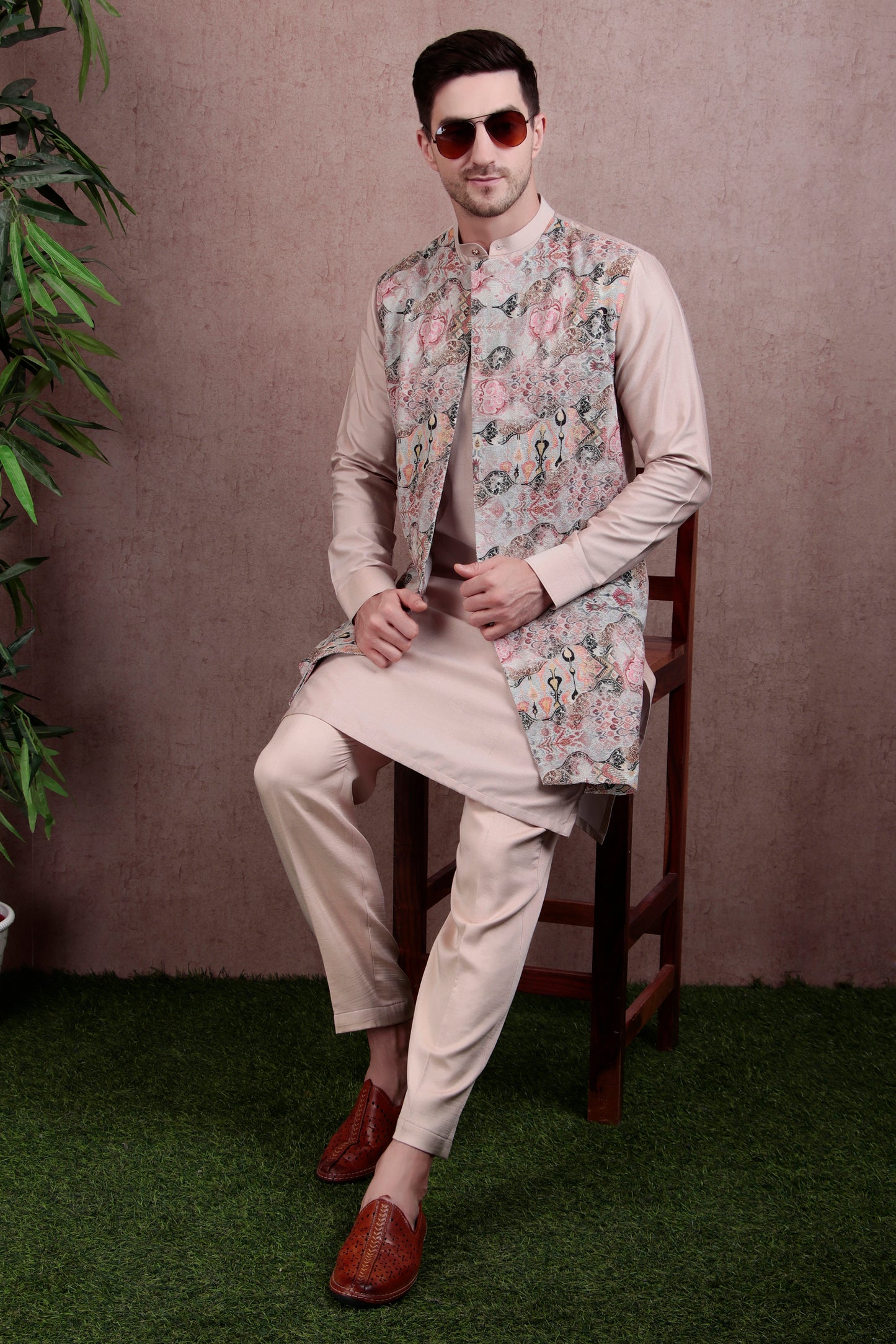 Side view - Men’s Layered Kurta Set – Cotton Silk in Salmon Pink with Jacquard Printed Jacket Look