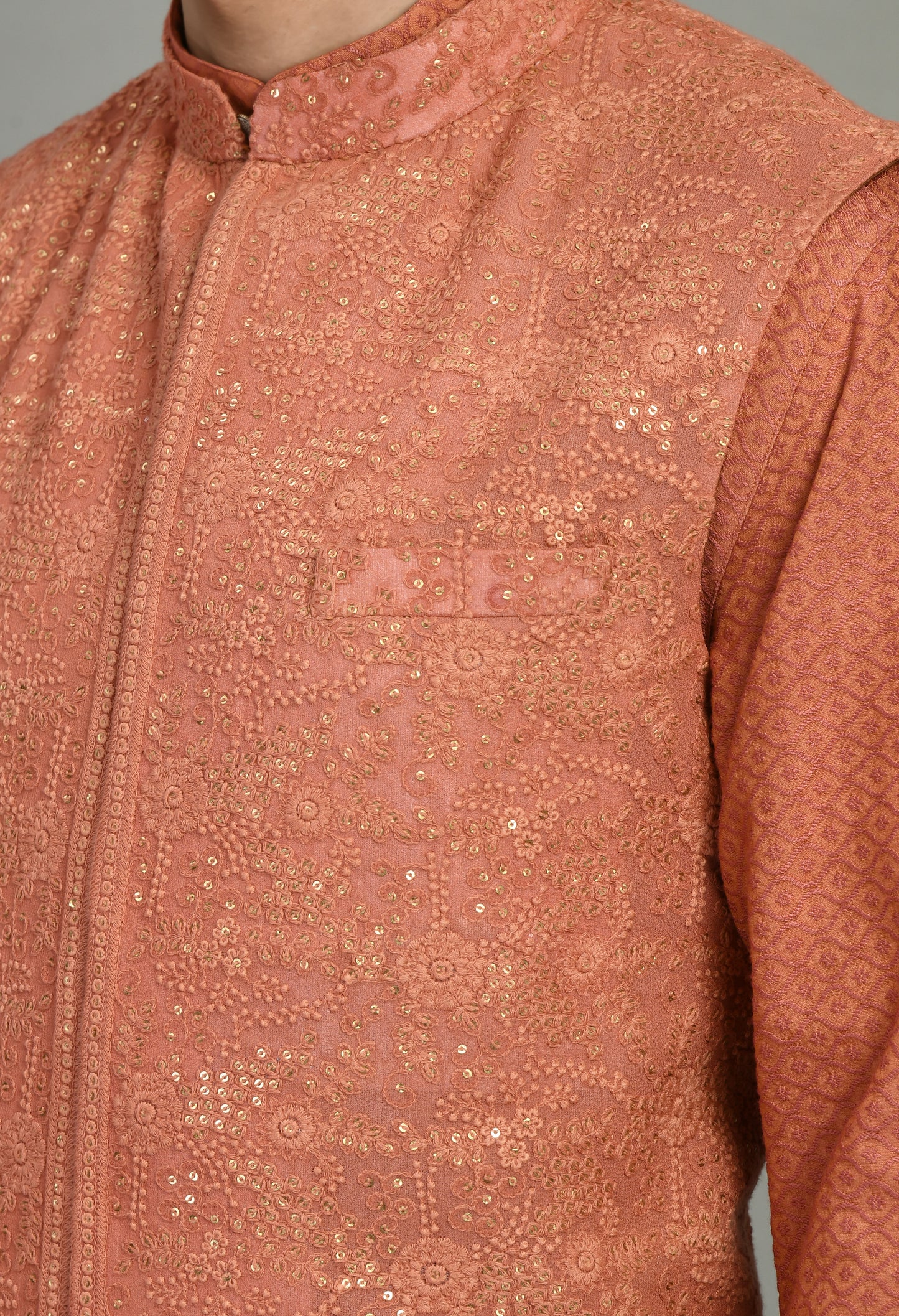 Detail view 1 - Men’s Nehru Jacket – Silk Georgette in Orange with Silk Thread and Sequins Embroidery