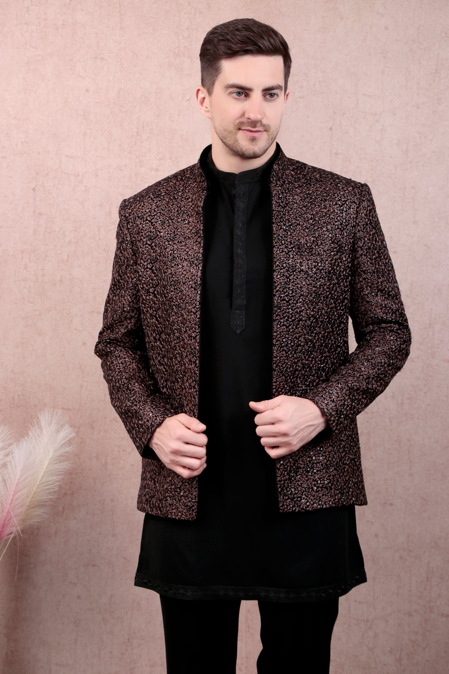 Side view - Men’s Kurta Set – Silk in Brown with Abstract Silk Thread & Hand Embroidery Jacket over Japanese Lycra Kurta