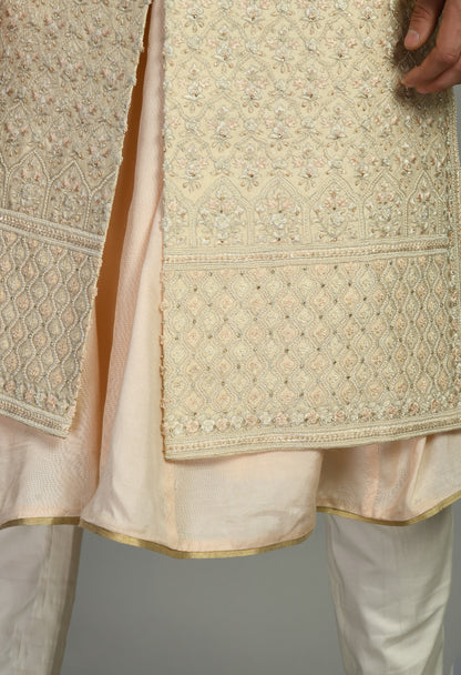 Men’s Sherwani – Silk in Cream with Detailed Hand Embroidery | One Man Show