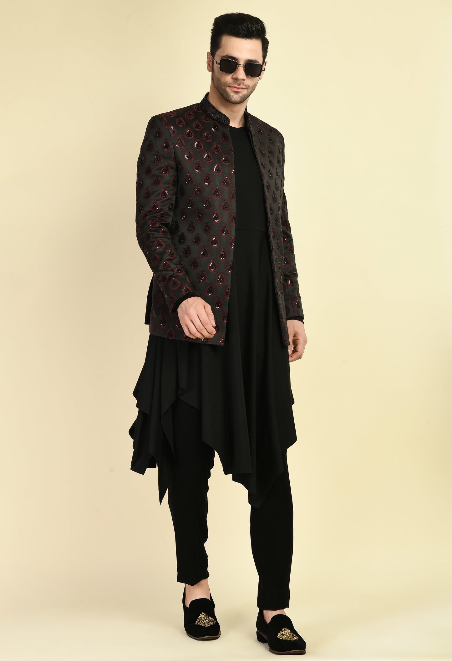 Front view - Men’s Indo-Western – Silk Jaquard in Black with Geometric Motif Embroidery