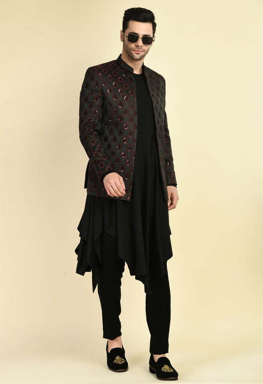 Front view - Men’s Indo-Western – Silk Jaquard in Black with Geometric Motif Embroidery
