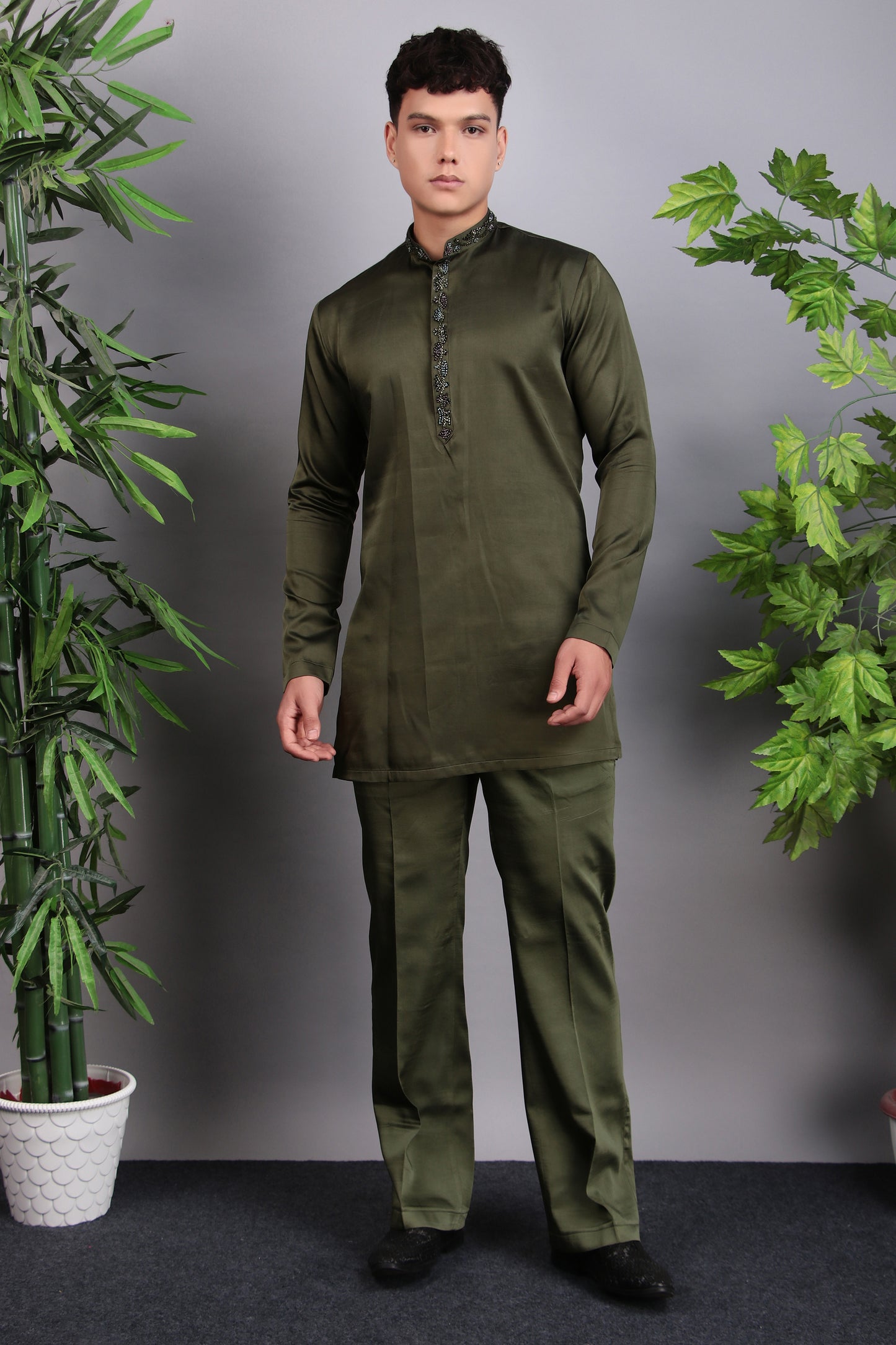 Detail view 4 - Men’s Indo-Western – Velvet Embroidered Fabric in Green with Multi Colored Floral Embroidery