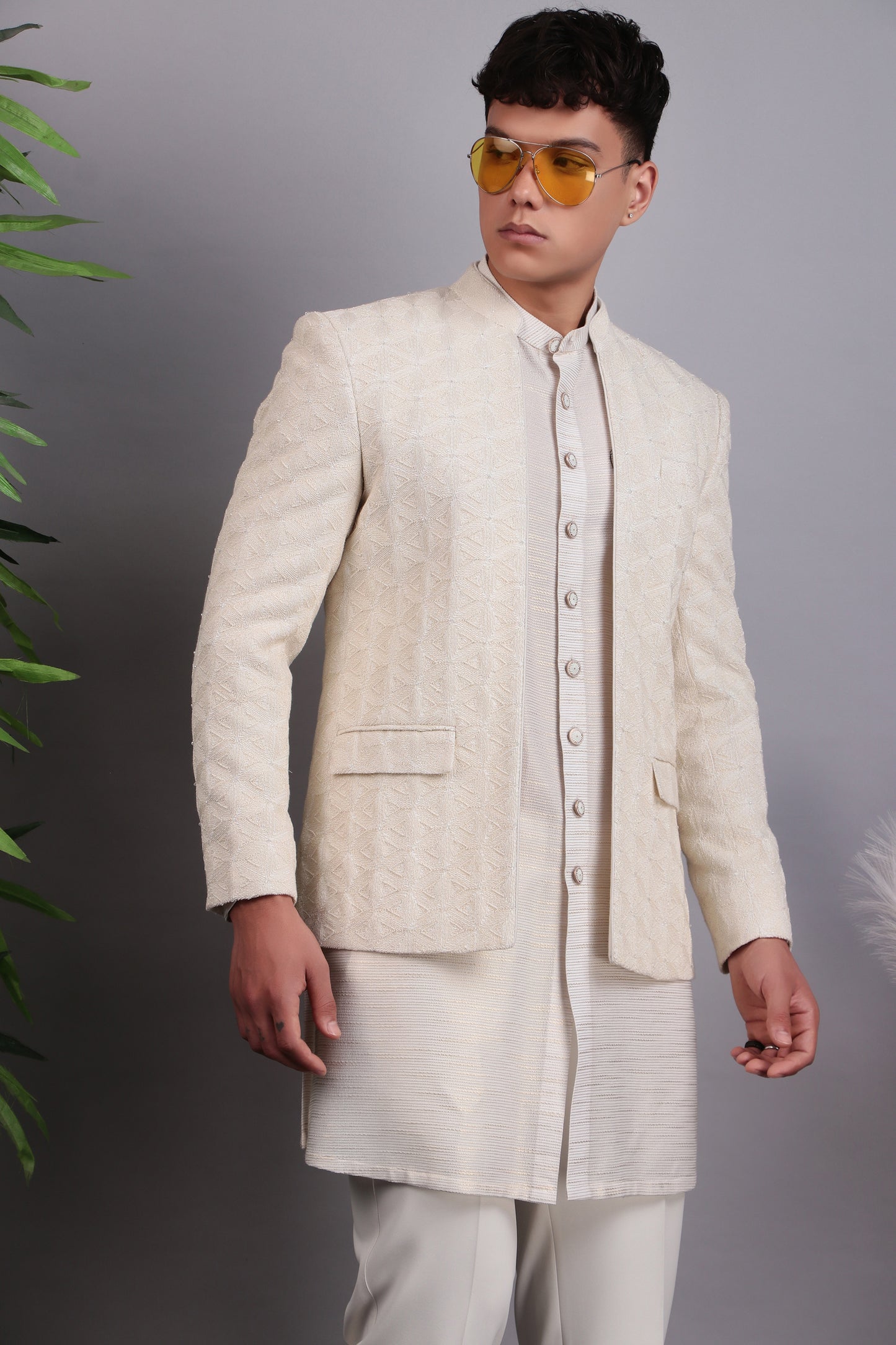 Detail view 3 - Men’s Indo-Western – Georgette Kurta in Ivory with Hand Embroidery