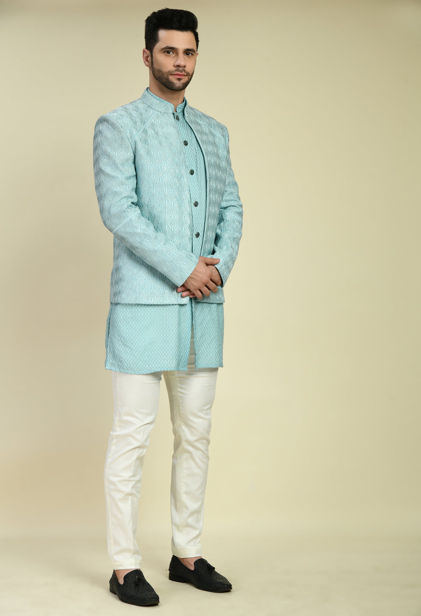 Front view - Men’s Indo-Western – Silk Georgette in Blue with Thread Embroidery