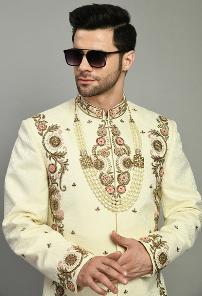 Men’s Sherwani – Silk in Ivory with Detailed Hand Embroidery | One Man Show