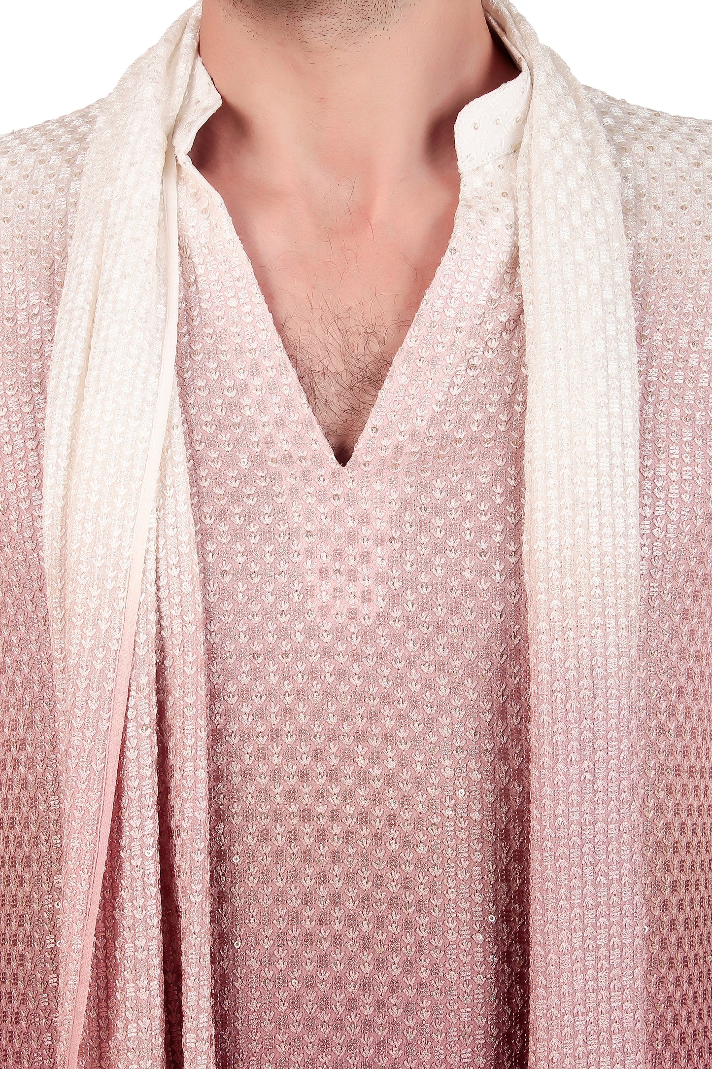 Detail view 3 - Men’s Kurta Set – Silk Georgette Embroidery in Pink with Ombre Dye