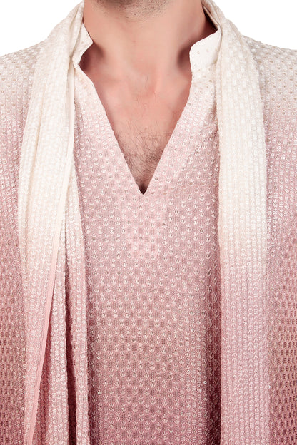 Men’s Kurta Set – Silk Georgette Embroidery in Pink with Ombre Dye | One Man Show