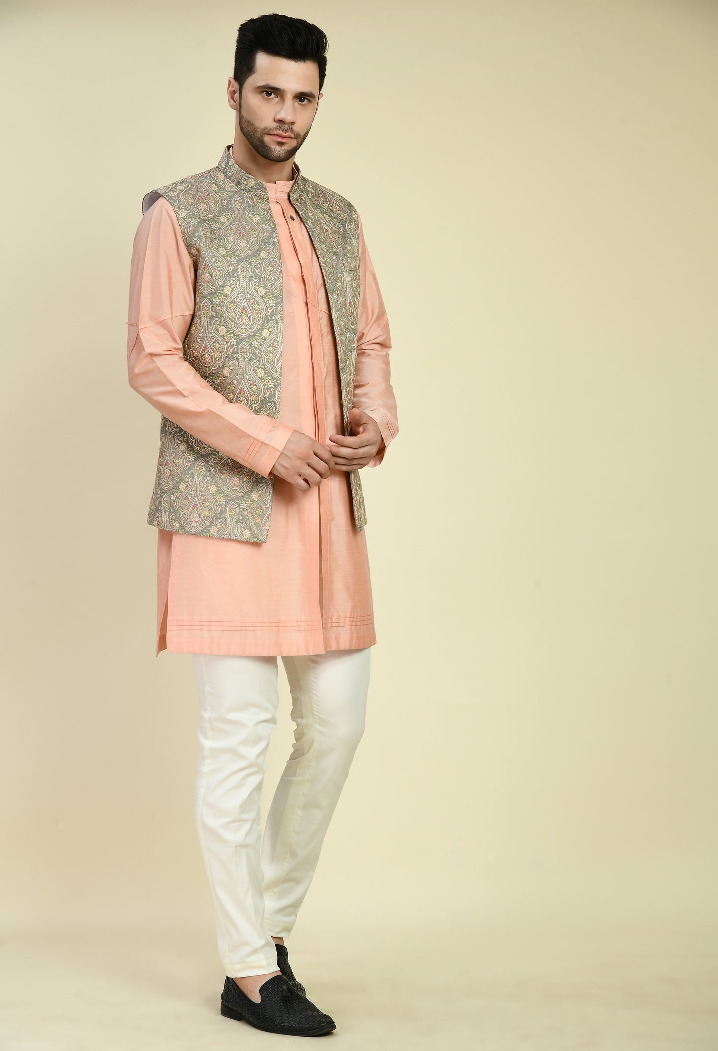 Front view - Men’s Kurta Set – Cotton Silk in Peach with Pintucks Abstract Design