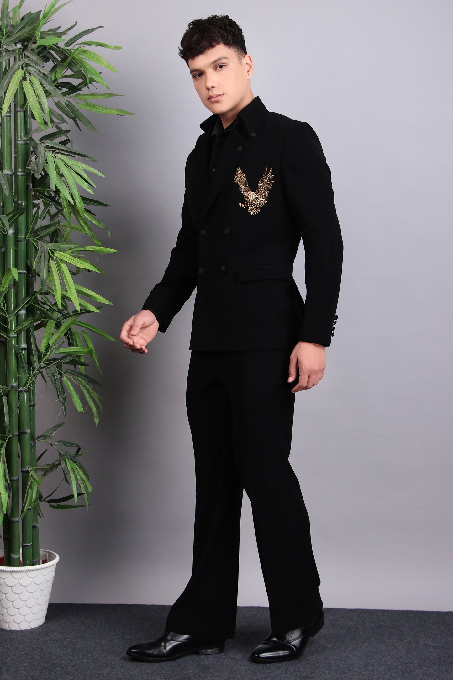 Detail view 4 - Men’s Tuxedo – Japanese Lycra in Black with Eagle Motif Embroidery