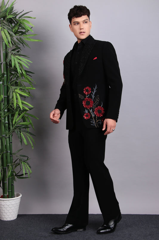 Men’s Tuxedo – Japanese Lycra in Black with Pintex & Beads Embroidery | One Man Show
