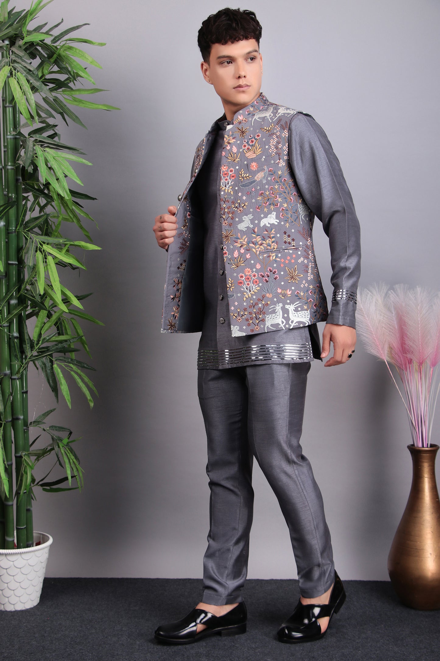 Detail view 4 - Men’s Nehru Jacket – Silk Embroidered Fabric in Grey with Multi Color Thread Embroidery