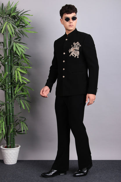 Men’s Bandhgala – Japanese Lycra in Black with Patch Motif Embroidery | One Man Show