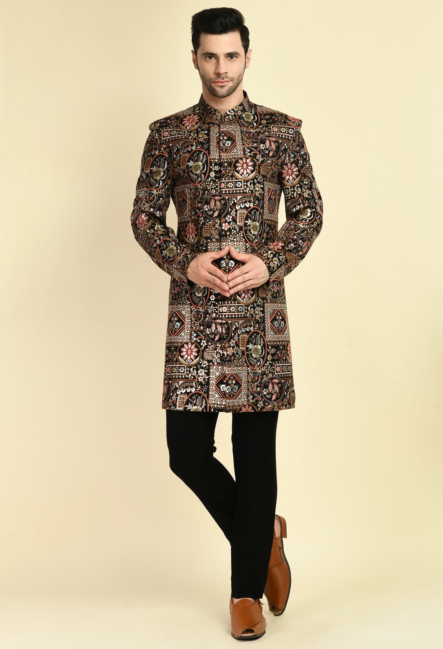 Front view - Men’s Indo-Western – Silk Georgette in Multi Color with Abstract Silk Thread Embroidery