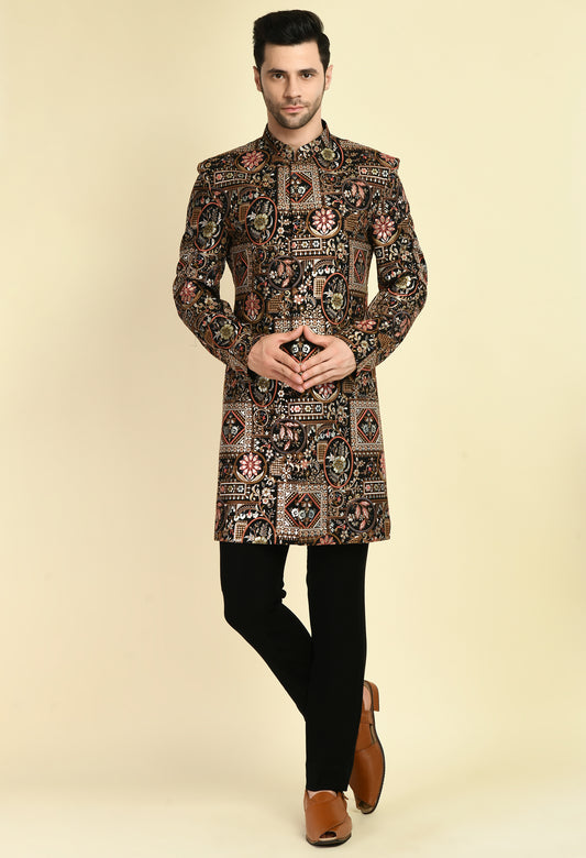 Front view - Men’s Indo-Western – Silk Georgette in Multi Color with Abstract Silk Thread Embroidery