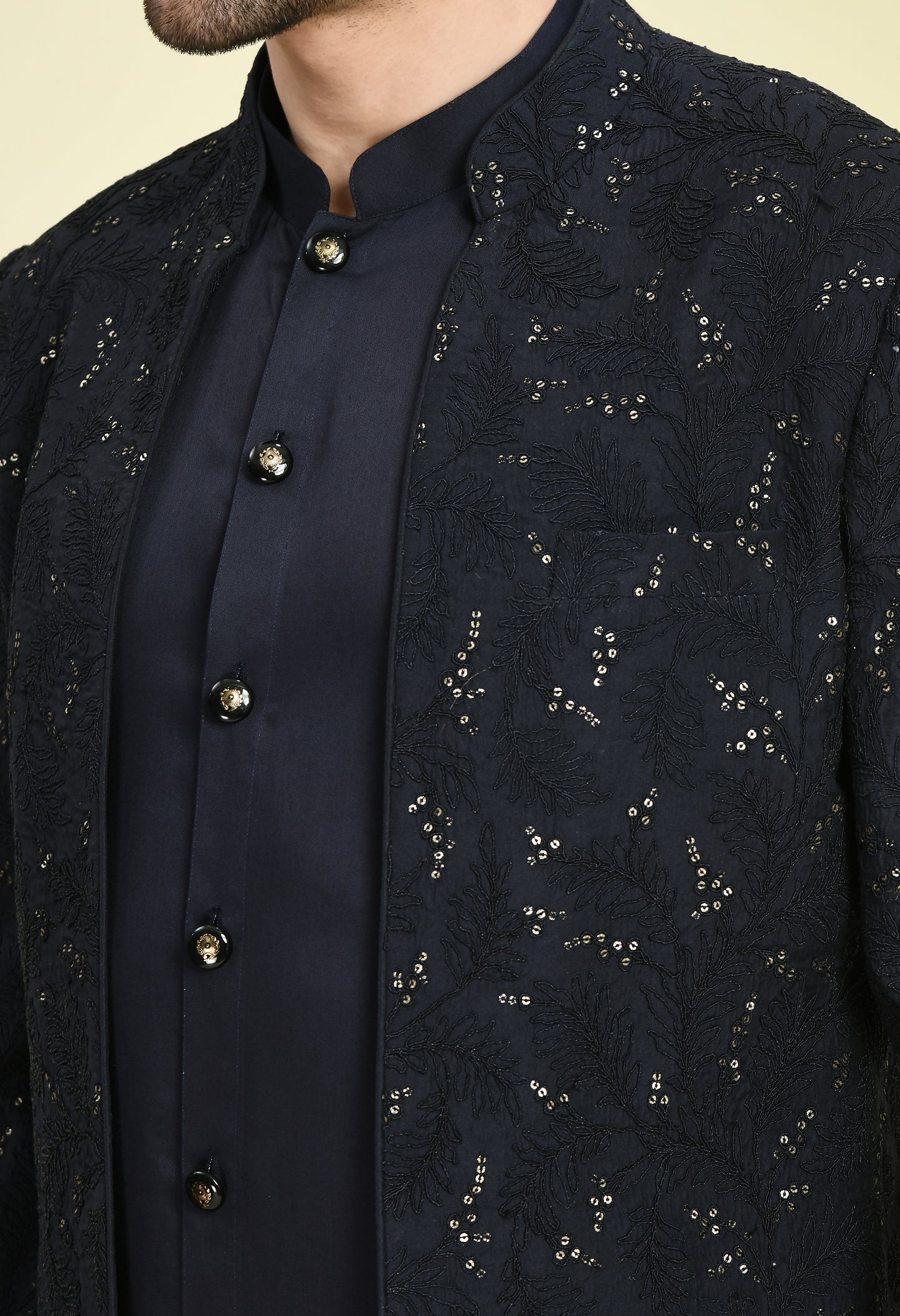 Detail view 2 - Men’s Indo-Western – Silk Kurta in Navy Blue with Dori and Sequins Embroidery