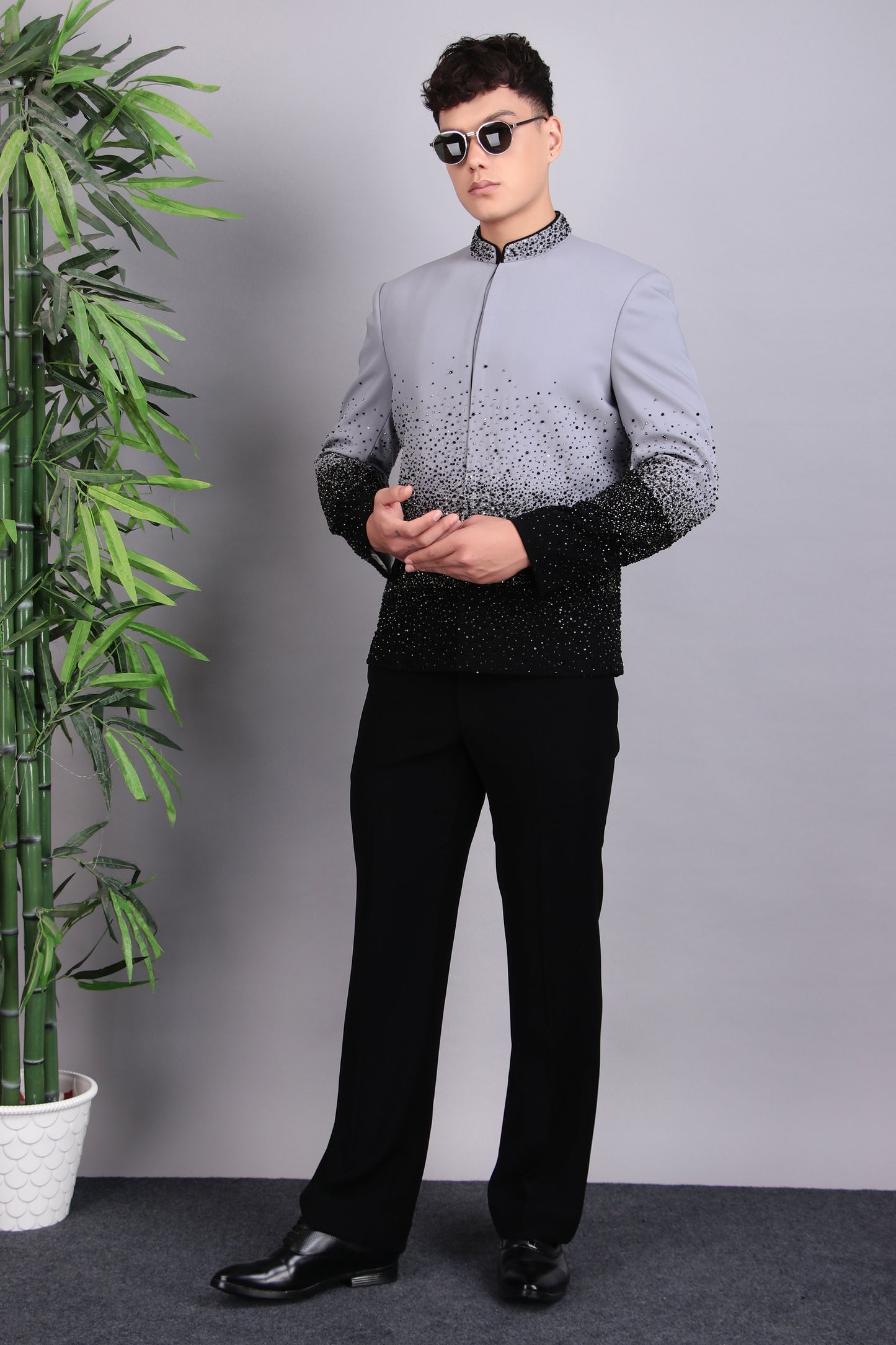 Front view - Men’s Bandhgala – Japanese Lycra in Grey with Ombre Style Embroidery