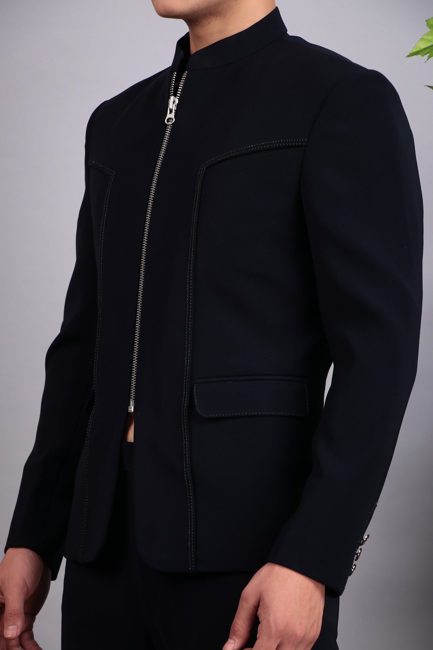 Detail view 4 - Men’s Bandhgala – Cotton Velvet in Midnight Blue with Hand Embroidery