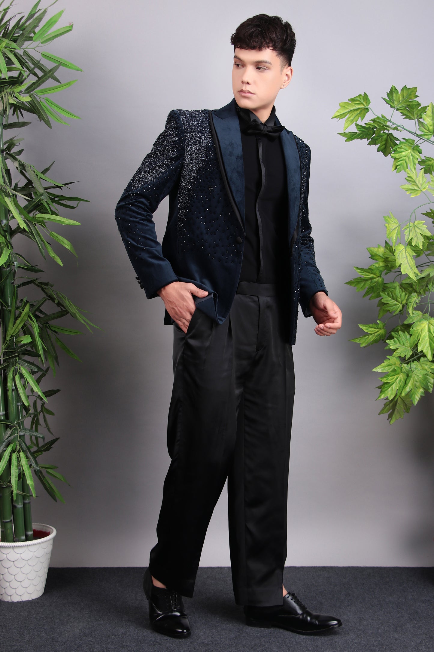 Back view - Men’s Indo-Western – Suede Top in Blue with Glass Abstract Placement Embroidery