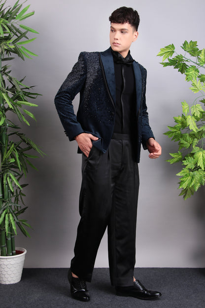 Men’s Indo-Western – Suede Top in Blue with Glass Abstract Placement Embroidery | One Man Show